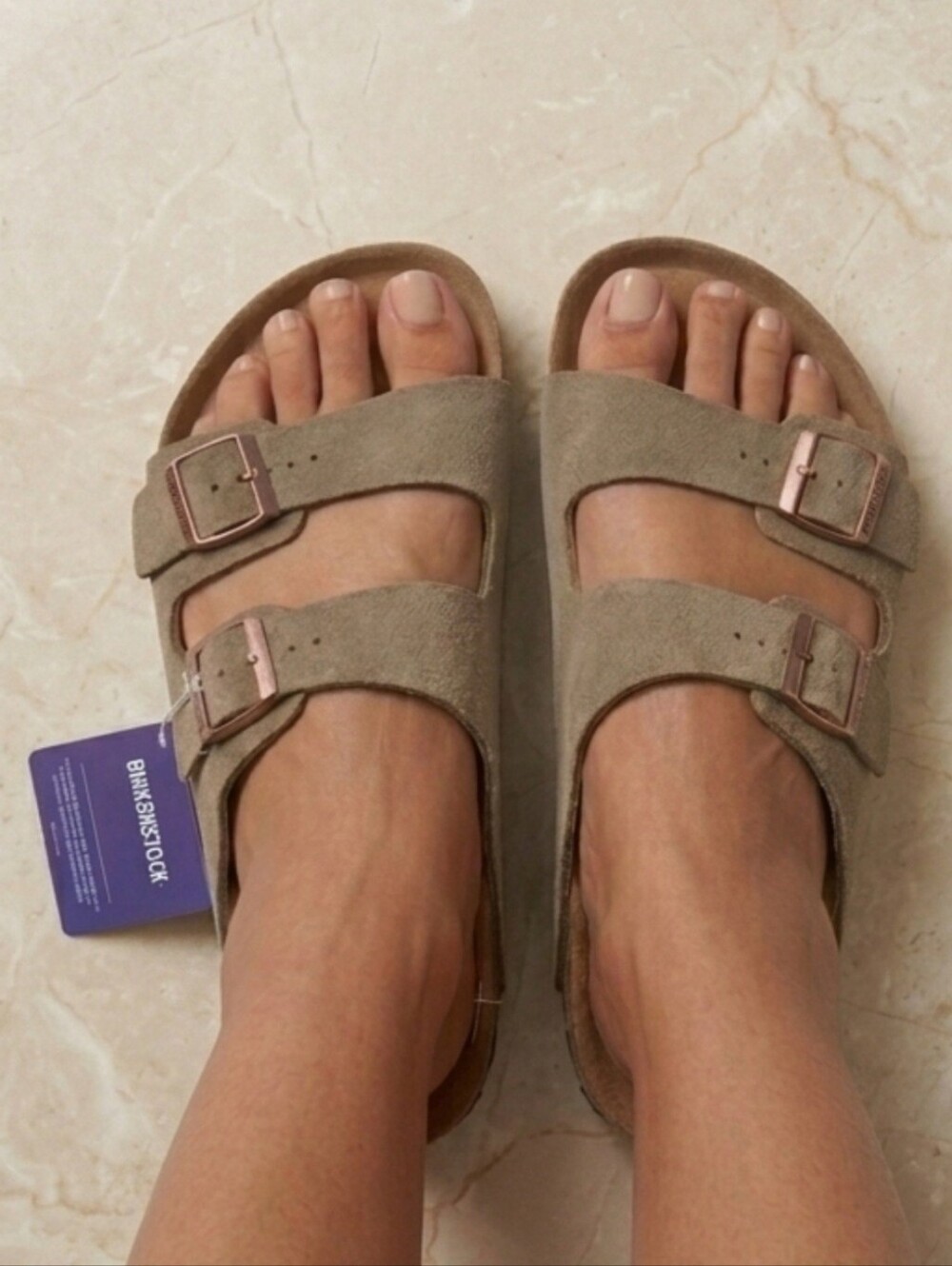 Birkenstock Style Taupe Suede Double Strap Slide Sandals for Women